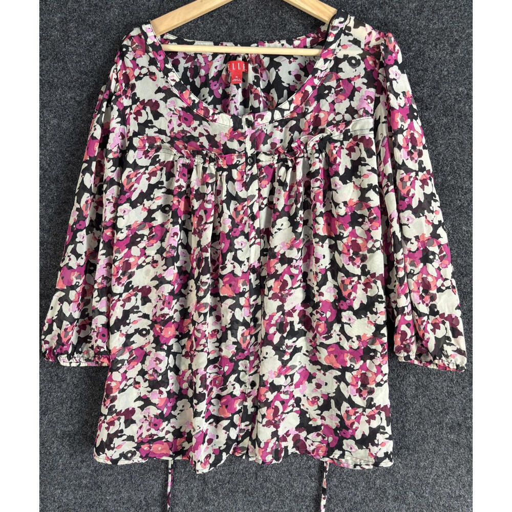 Elle Button Up Top Women XL Pink Floral 3/4 Sleeve Round Neck Pullover Casual